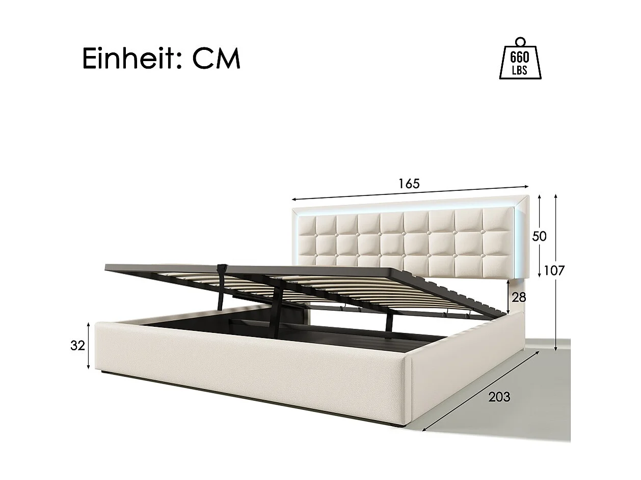 Lit adulte lit led double cadre de lit avec espace de rangement lit 160x200 cm revêtement en simili-cuir blanc