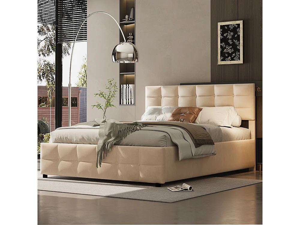 Lit coffre Lit avec rangement 180 x 200 cm sommier à lattes hydraulique Beige