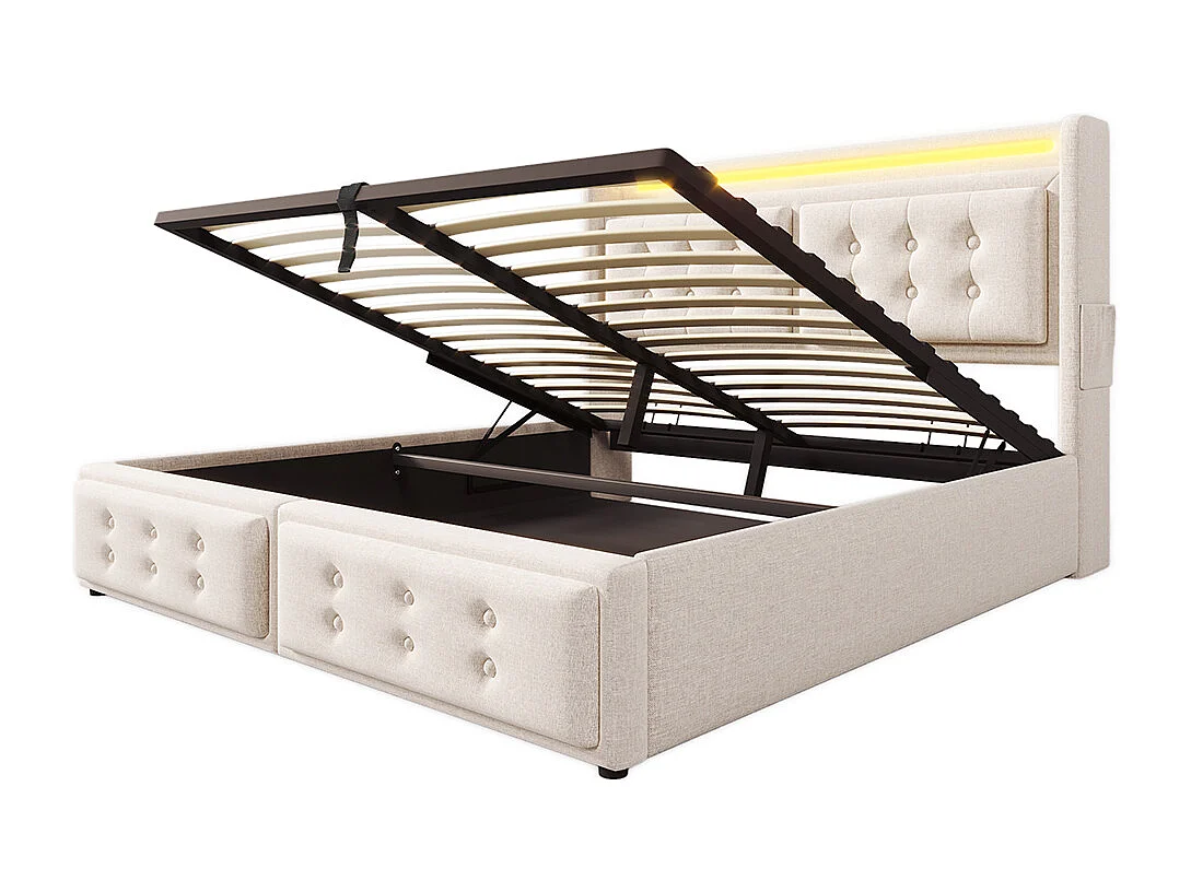 Lit coffre 140x200 avec tête de lit LED et fonction de recharge USB C avec sommier à lattes Sans matelas Coton Beige