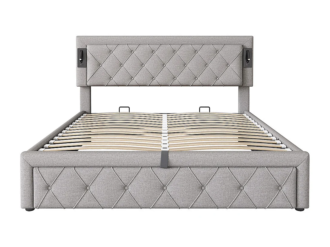 Lit coffre 160x200 cm Hydraulique avec Downlight USB Lampe Sommier Bois Tête de Lit Losange Espace de Rangement Gris