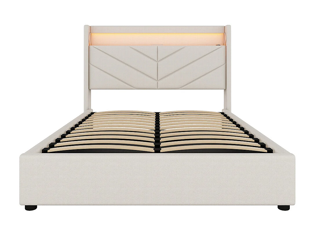 Lit coffre 140 x 190 cm Sans matelas Lampe d'ambiance avec télécommande Système hydraulique Avec USB et chaîne hi-fi Linge Beige
