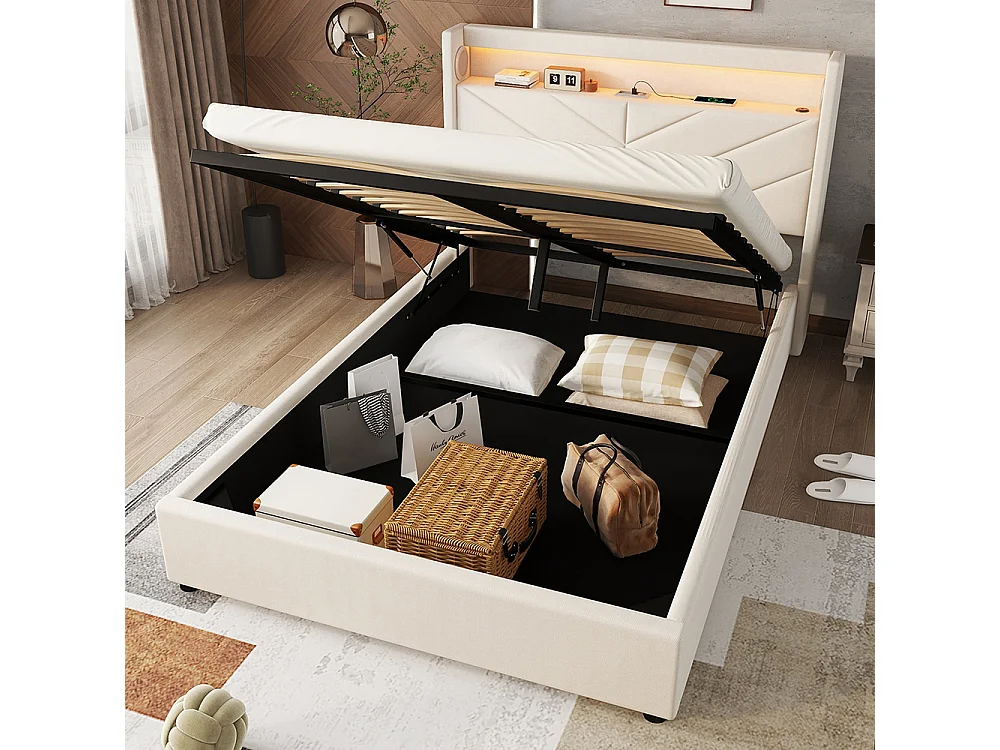 Lit coffre 140 x 190 cm Sans matelas Lampe d'ambiance avec télécommande Système hydraulique Avec USB et chaîne hi-fi Linge Beige