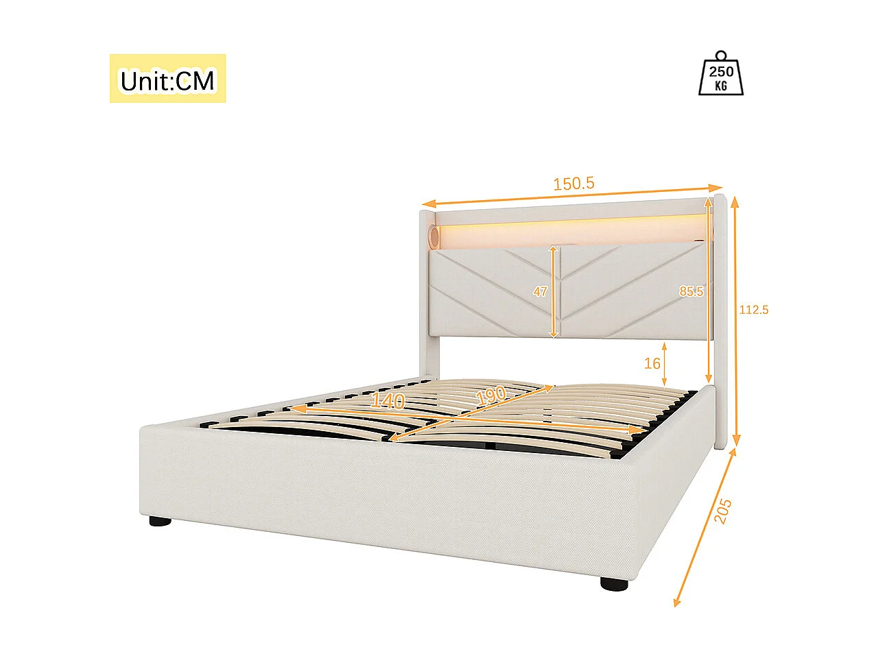 Lit coffre 140 x 190 cm Sans matelas Lampe d'ambiance avec télécommande Système hydraulique Avec USB et chaîne hi-fi Linge Beige