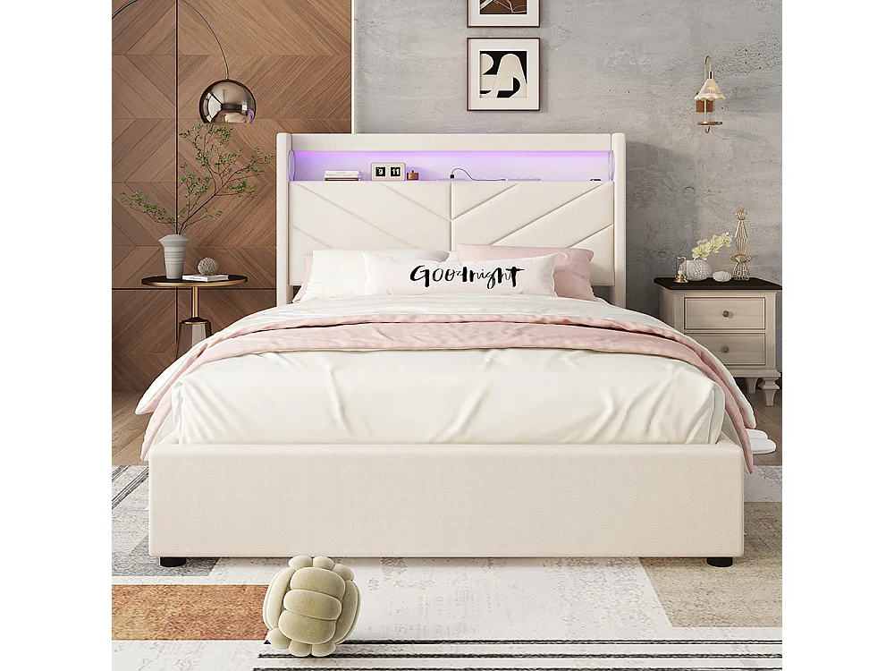 Lit coffre 140 x 190 cm Sans matelas Lampe d'ambiance avec télécommande Système hydraulique Avec USB et chaîne hi-fi Linge Beige