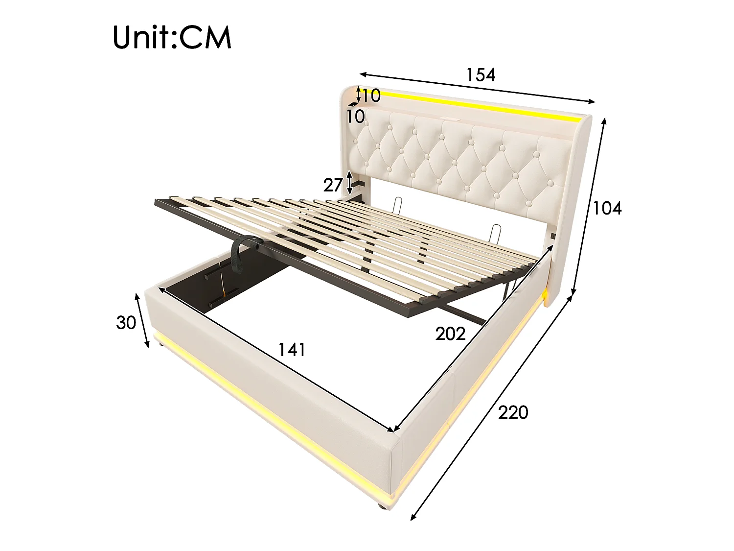 Lit coffre 140x200 cm polsterbett doppelbett led 360° télécommande app bouton sommier hydraulique tête usb c pu blanc - Sweiko