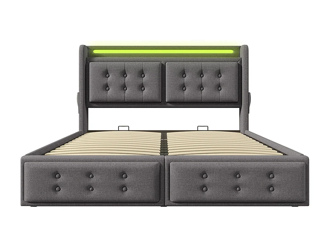 Lit coffre 140x200 avec tête de lit LED et fonction de recharge USB C avec sommier à lattes Sans matelas Cotton Gris