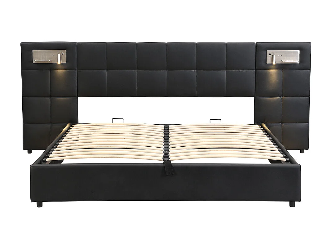 Lit coffre 180x200 cm Hydraulique avec USB Wireless Charging Lampe Éclairée Espace de Rangement Sommier Bois Montage Facile PU Noir