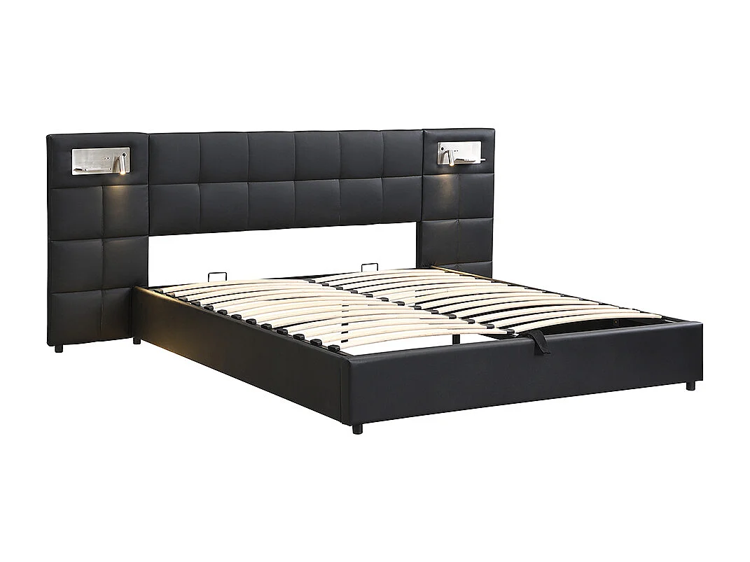 Lit coffre 180x200 cm Hydraulique avec USB Wireless Charging Lampe Éclairée Espace de Rangement Sommier Bois Montage Facile PU Noir