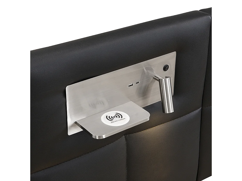Lit coffre 180x200 cm Hydraulique avec USB Wireless Charging Lampe Éclairée Espace de Rangement Sommier Bois Montage Facile PU Noir