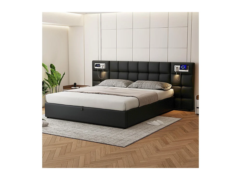 Lit coffre 180x200 cm Hydraulique avec USB Wireless Charging Lampe Éclairée Espace de Rangement Sommier Bois Montage Facile PU Noir