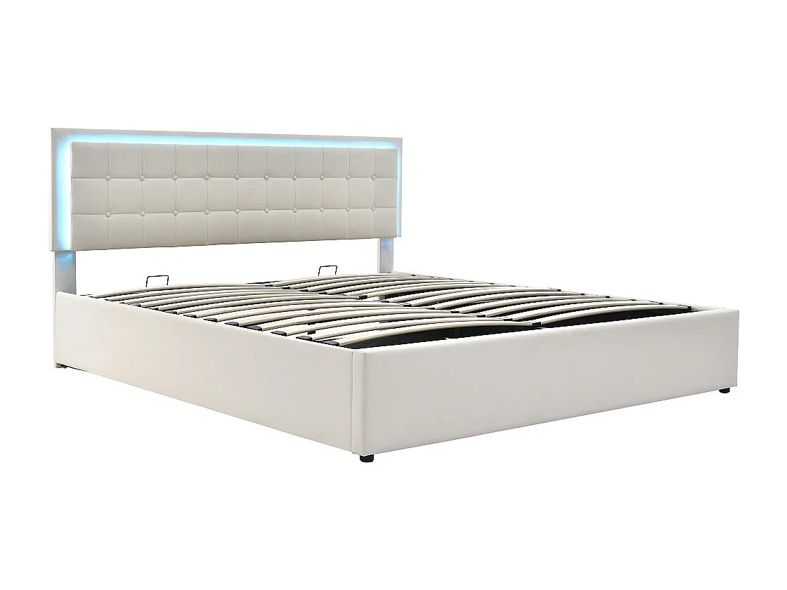 Lit adulte lit led double cadre de lit avec espace de rangement lit 140x200 cm revêtement en simili-cuir blanc