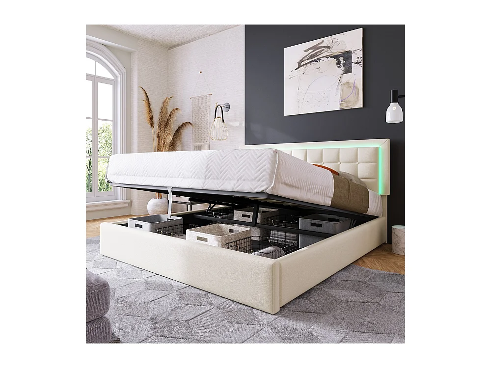 Lit adulte lit led double cadre de lit avec espace de rangement lit 140x200 cm revêtement en simili-cuir blanc