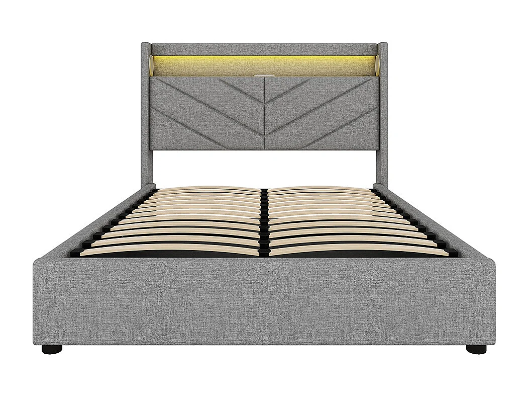 Lit coffre 140 x 190 cm Sans matelas Lampe d'ambiance avec télécommande Système hydraulique Avec USB et chaîne hi-fi Lin Gris