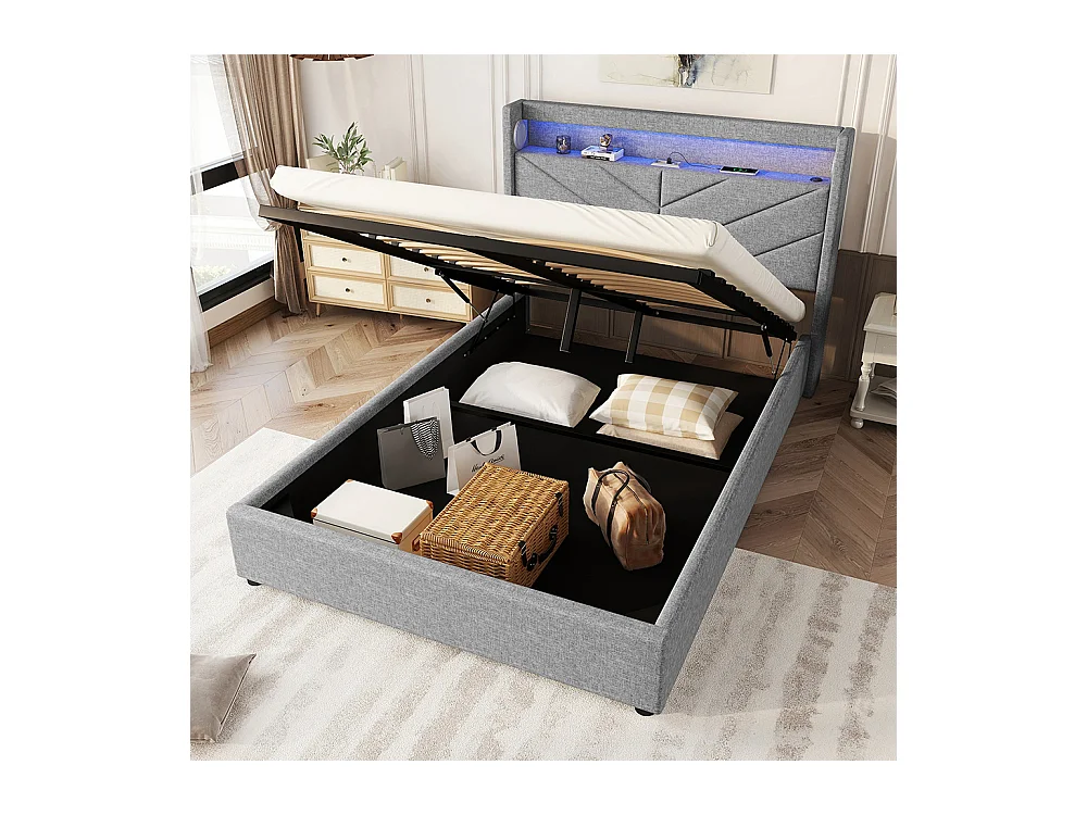 Lit coffre 140 x 190 cm Sans matelas Lampe d'ambiance avec télécommande Système hydraulique Avec USB et chaîne hi-fi Lin Gris