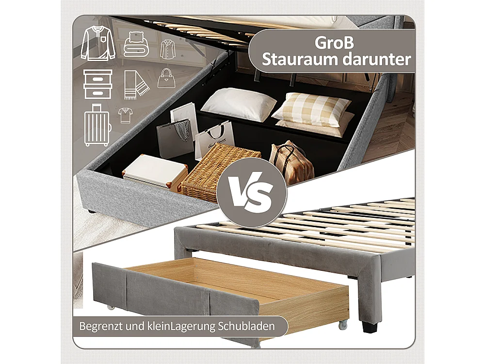 Lit coffre 140 x 190 cm Sans matelas Lampe d'ambiance avec télécommande Système hydraulique Avec USB et chaîne hi-fi Lin Gris