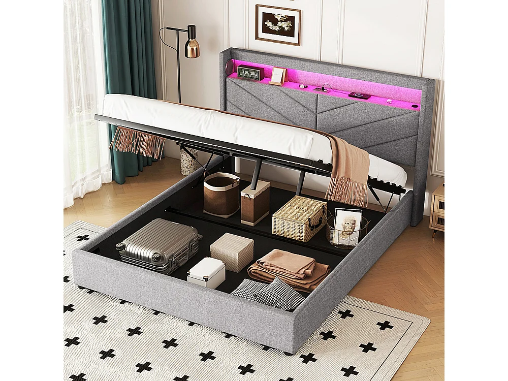 Lit coffre 160 x 200 cm Sans matelas Lampe d'ambiance Système hydraulique USB Chaîne hi-fi Linge Gris