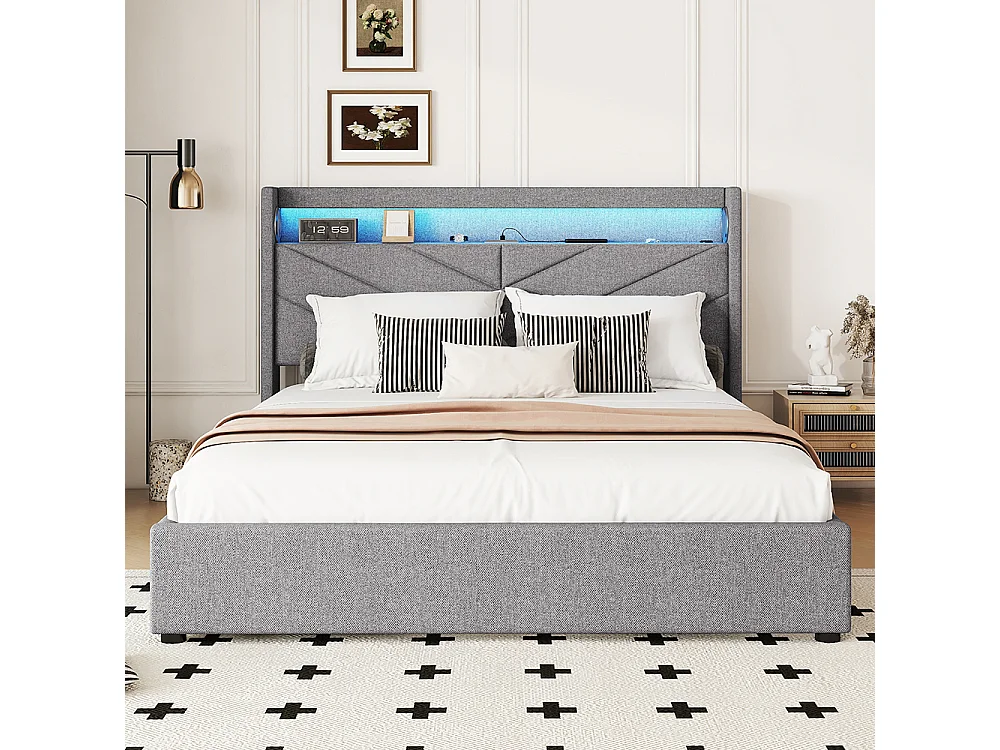 Lit coffre 160 x 200 cm Sans matelas Lampe d'ambiance Système hydraulique USB Chaîne hi-fi Linge Gris