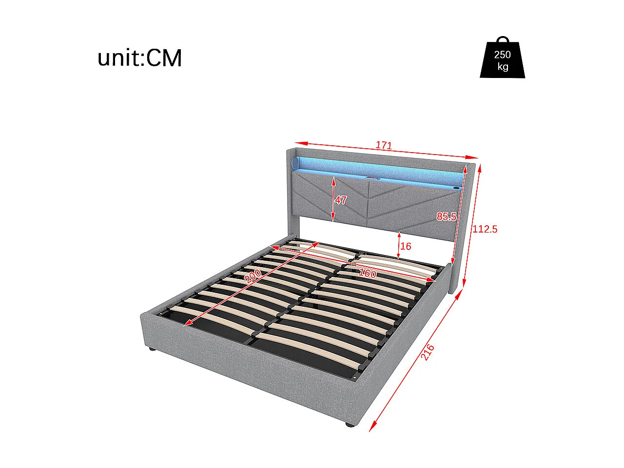 Lit coffre 160 x 200 cm Sans matelas Lampe d'ambiance Système hydraulique USB Chaîne hi-fi Linge Gris