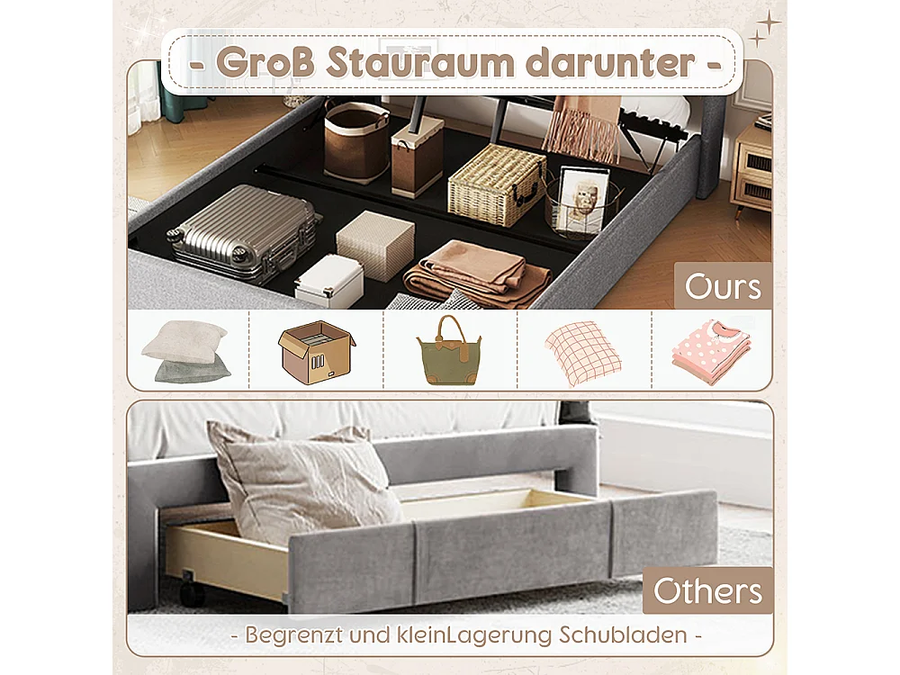 Lit coffre 160 x 200 cm Sans matelas Lampe d'ambiance Système hydraulique USB Chaîne hi-fi Linge Gris