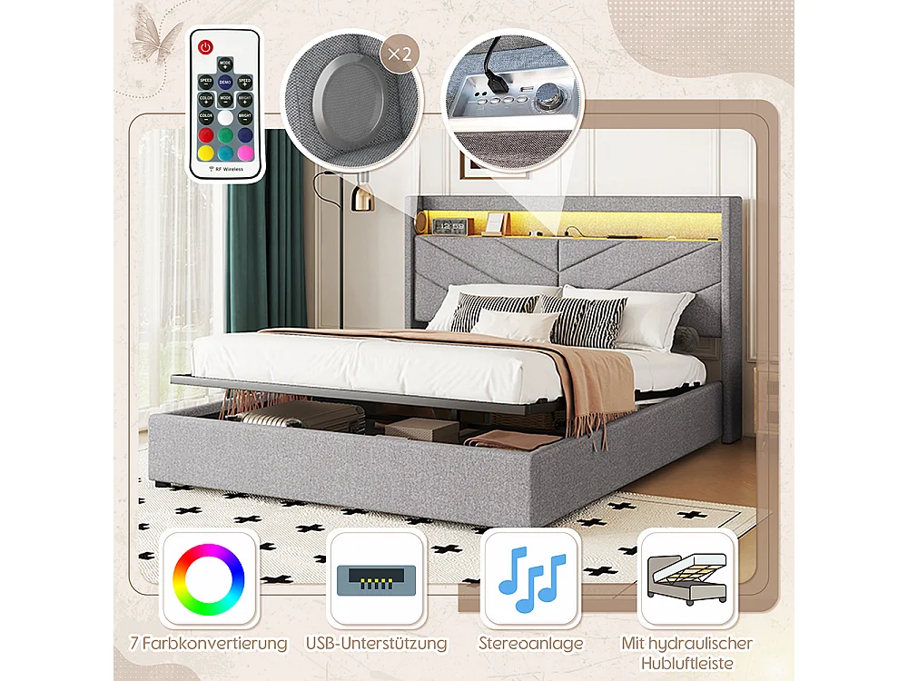 Lit coffre 160 x 200 cm Sans matelas Lampe d'ambiance Système hydraulique USB Chaîne hi-fi Linge Gris