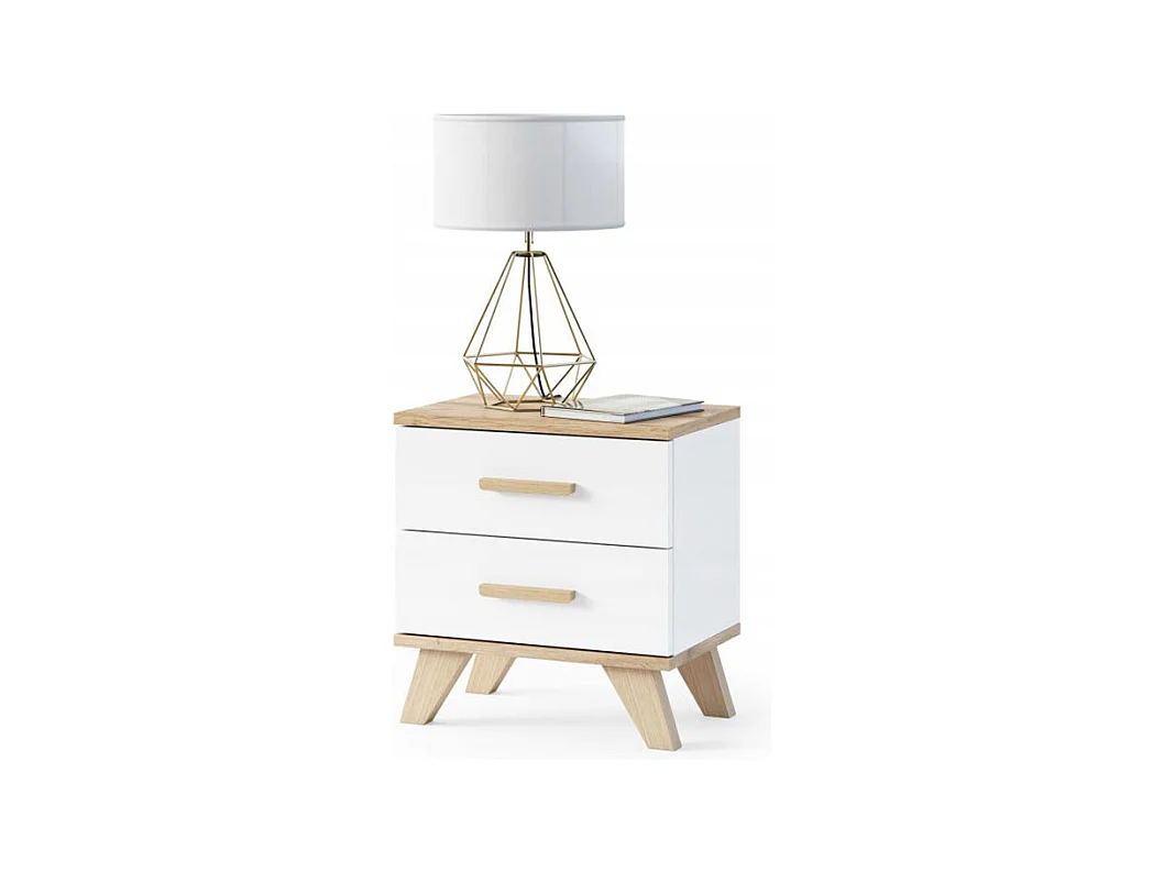 BERGEN table de chevet scandinave 45 cm sur pieds Bois et Blanc 2 tiroirs