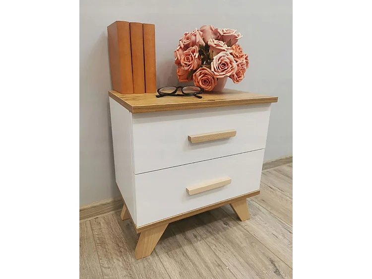 BERGEN table de chevet scandinave 45 cm sur pieds Bois et Blanc 2 tiroirs