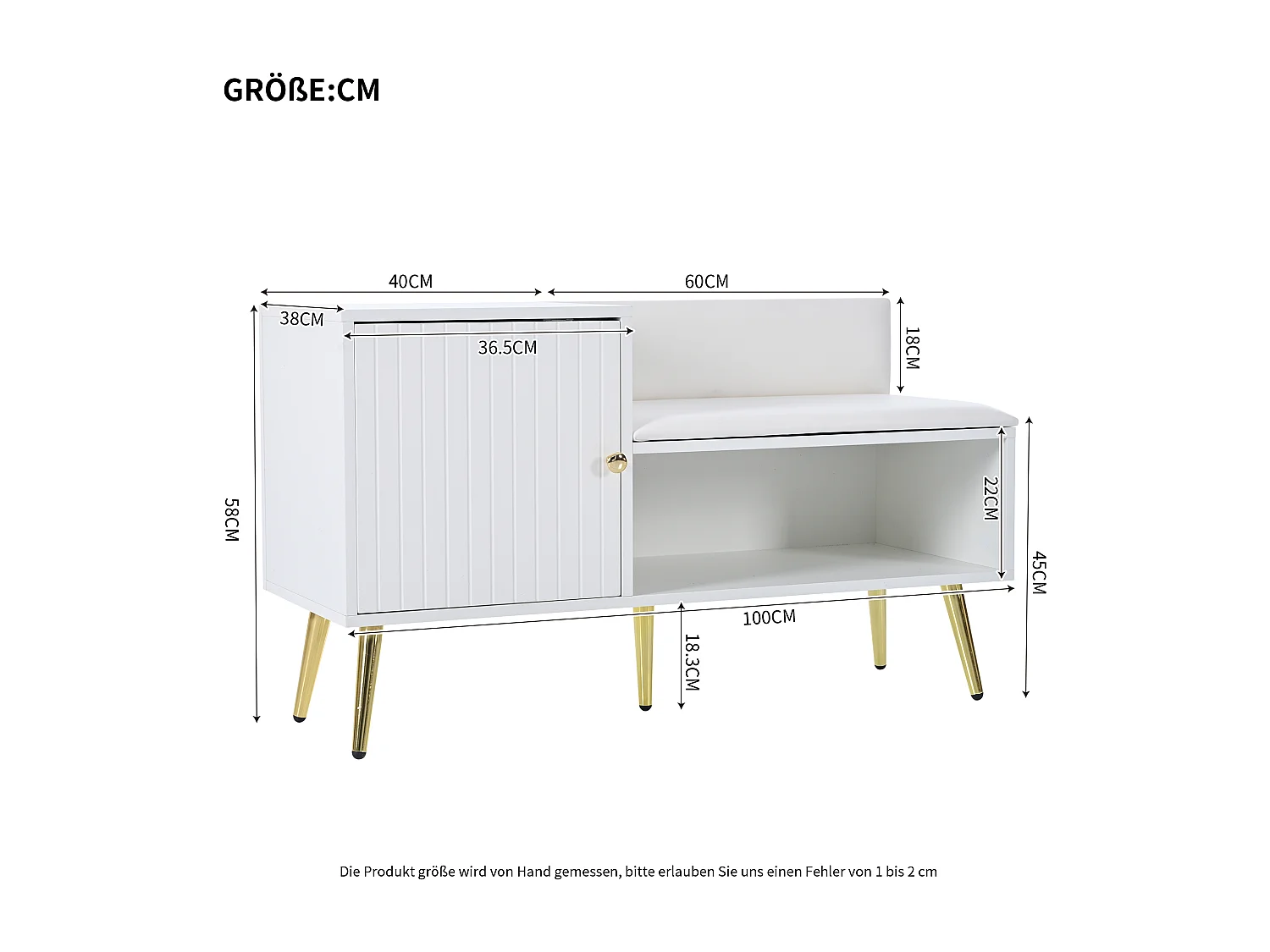 Armoire Banc à chaussures avec trois portes de rangement Avec poignées métalliques asymétriques Blanc