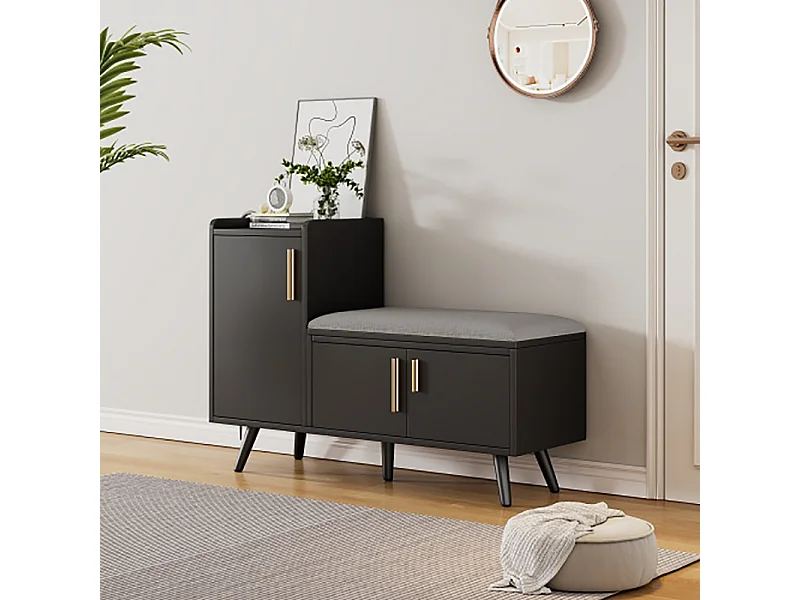Armoire Banc à chaussures avec trois portes de rangement Avec poignées métalliques asymétriques Noir