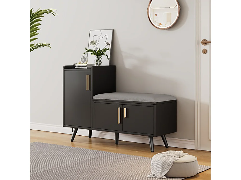 Armoire Banc à chaussures avec trois portes de rangement Avec poignées métalliques asymétriques Noir