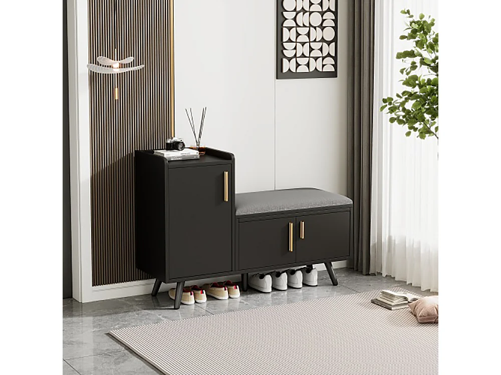 Armoire Banc à chaussures avec trois portes de rangement Avec poignées métalliques asymétriques Noir