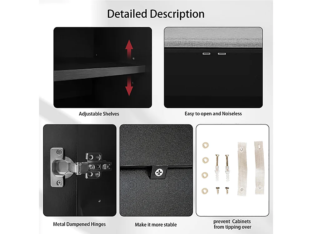 Armoire Banc à chaussures avec trois portes de rangement Avec poignées métalliques asymétriques Noir