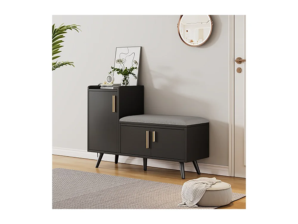 Armoire Banc à chaussures avec trois portes de rangement Avec poignées métalliques asymétriques Noir