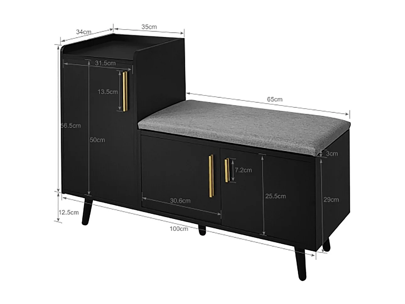 Armoire Banc à chaussures avec trois portes de rangement Avec poignées métalliques asymétriques Noir