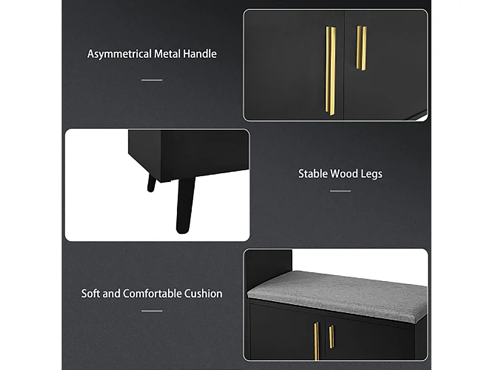 Armoire Banc à chaussures avec trois portes de rangement Avec poignées métalliques asymétriques Noir