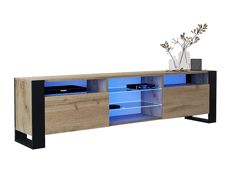 MEUBLE TV 200 CM LOVY LED CHENE MAT ET PORTE CHENE - STYLE INDUSTRIEL