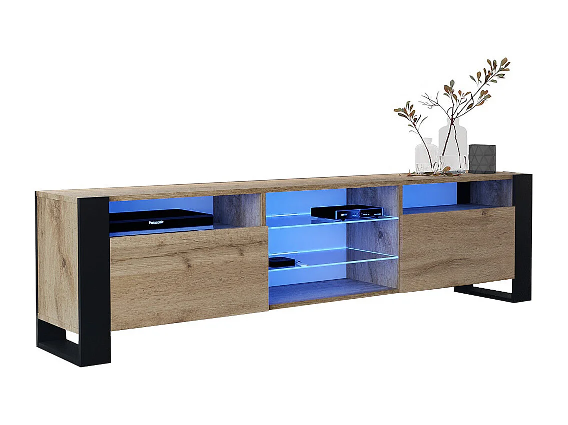 MEUBLE TV 200 CM LOVY LED CHENE MAT ET PORTE CHENE - STYLE INDUSTRIEL