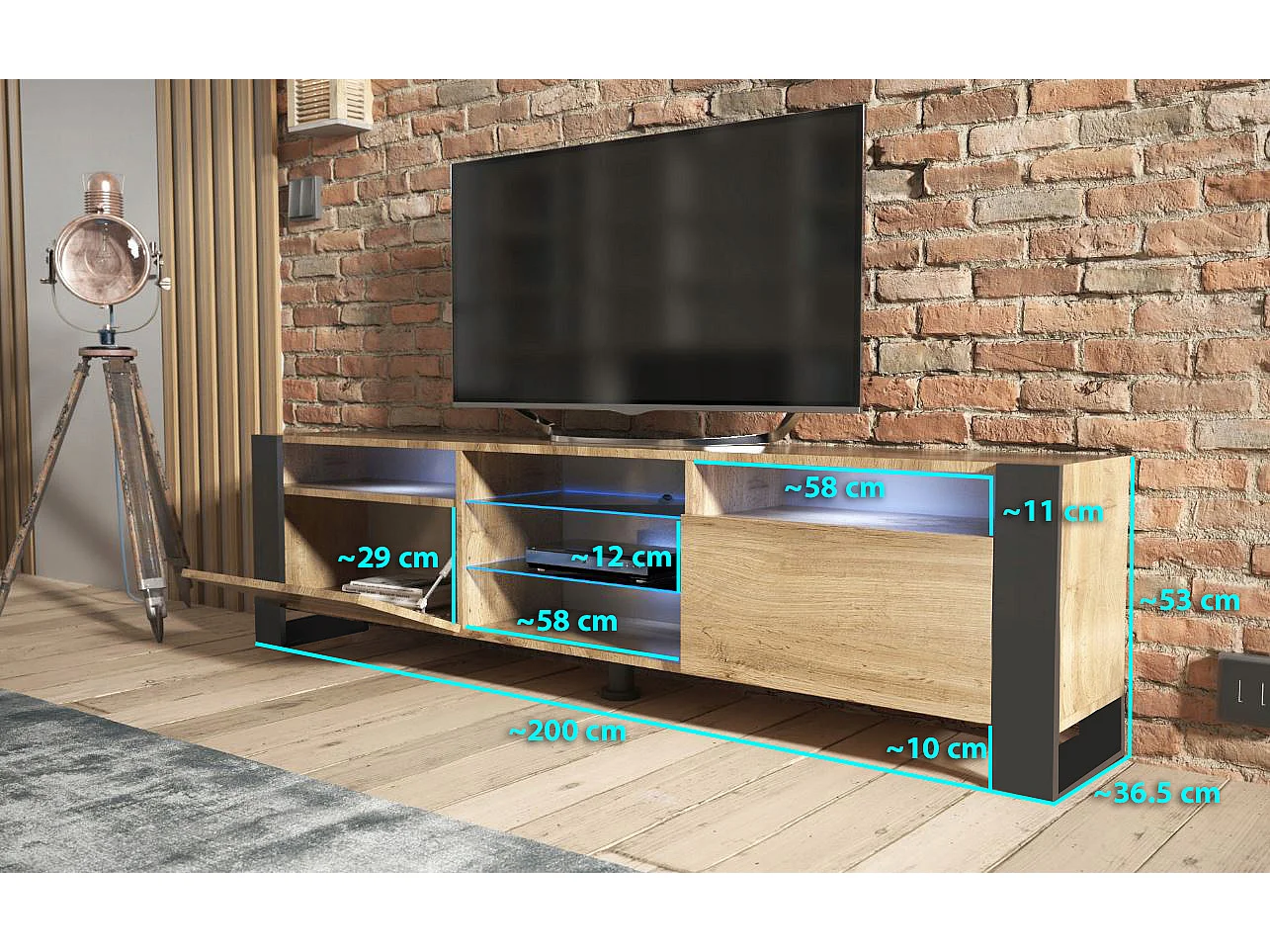 MEUBLE TV 200 CM LOVY LED CHENE MAT ET PORTE CHENE - STYLE INDUSTRIEL