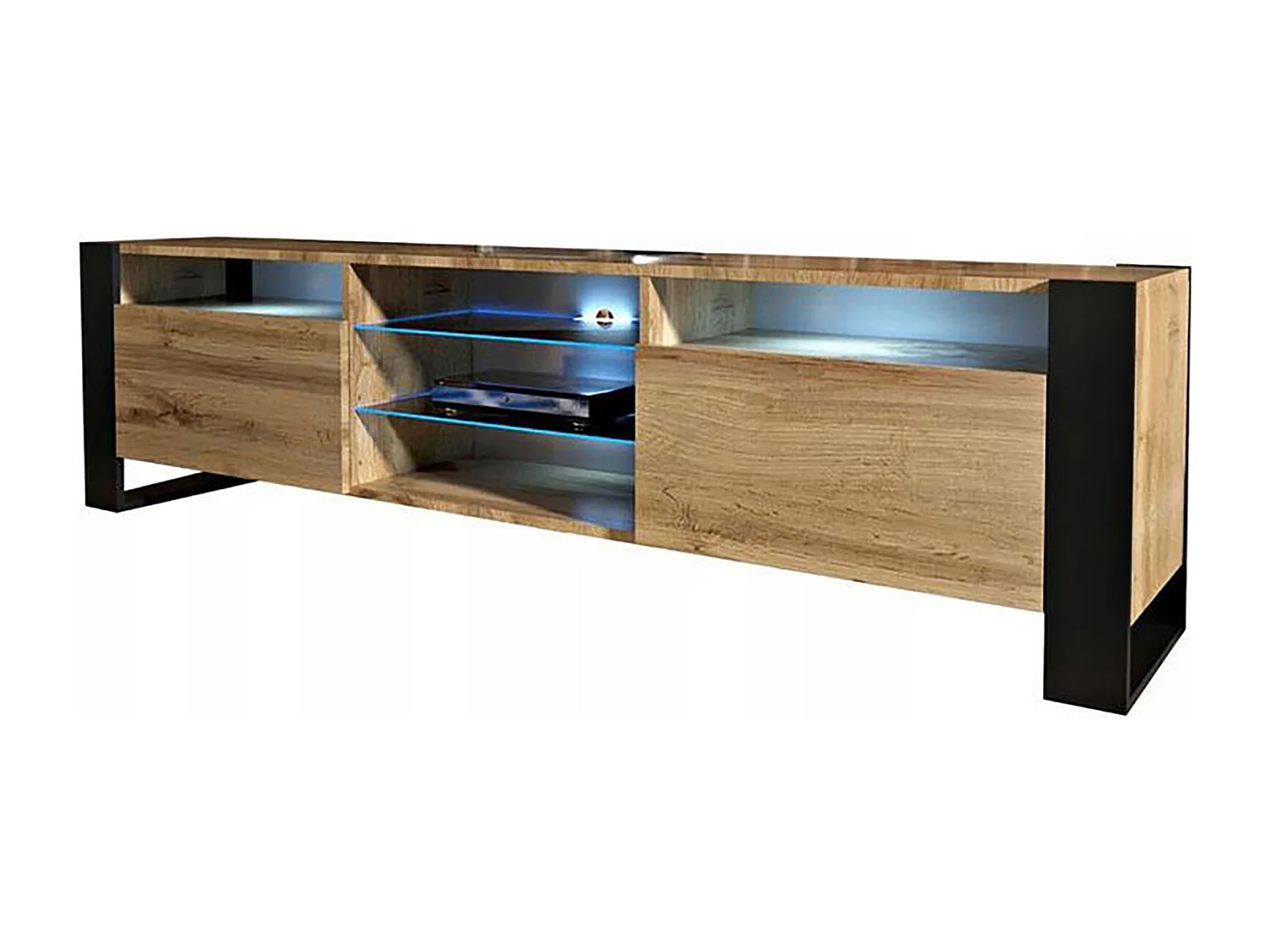 MEUBLE TV 200 CM LOVY LED CHENE MAT ET PORTE CHENE - STYLE INDUSTRIEL