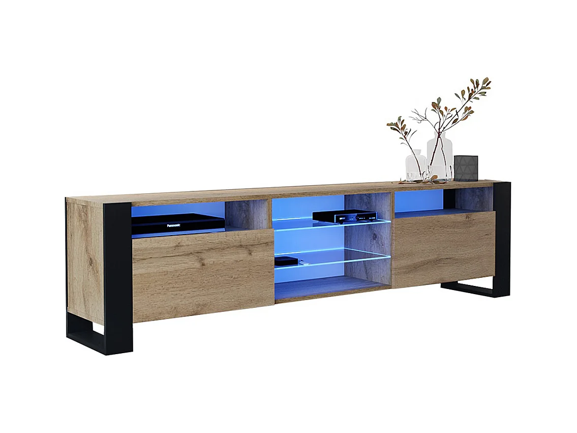 MEUBLE TV 200 CM LOVY LED CHENE MAT ET PORTE CHENE - STYLE INDUSTRIEL