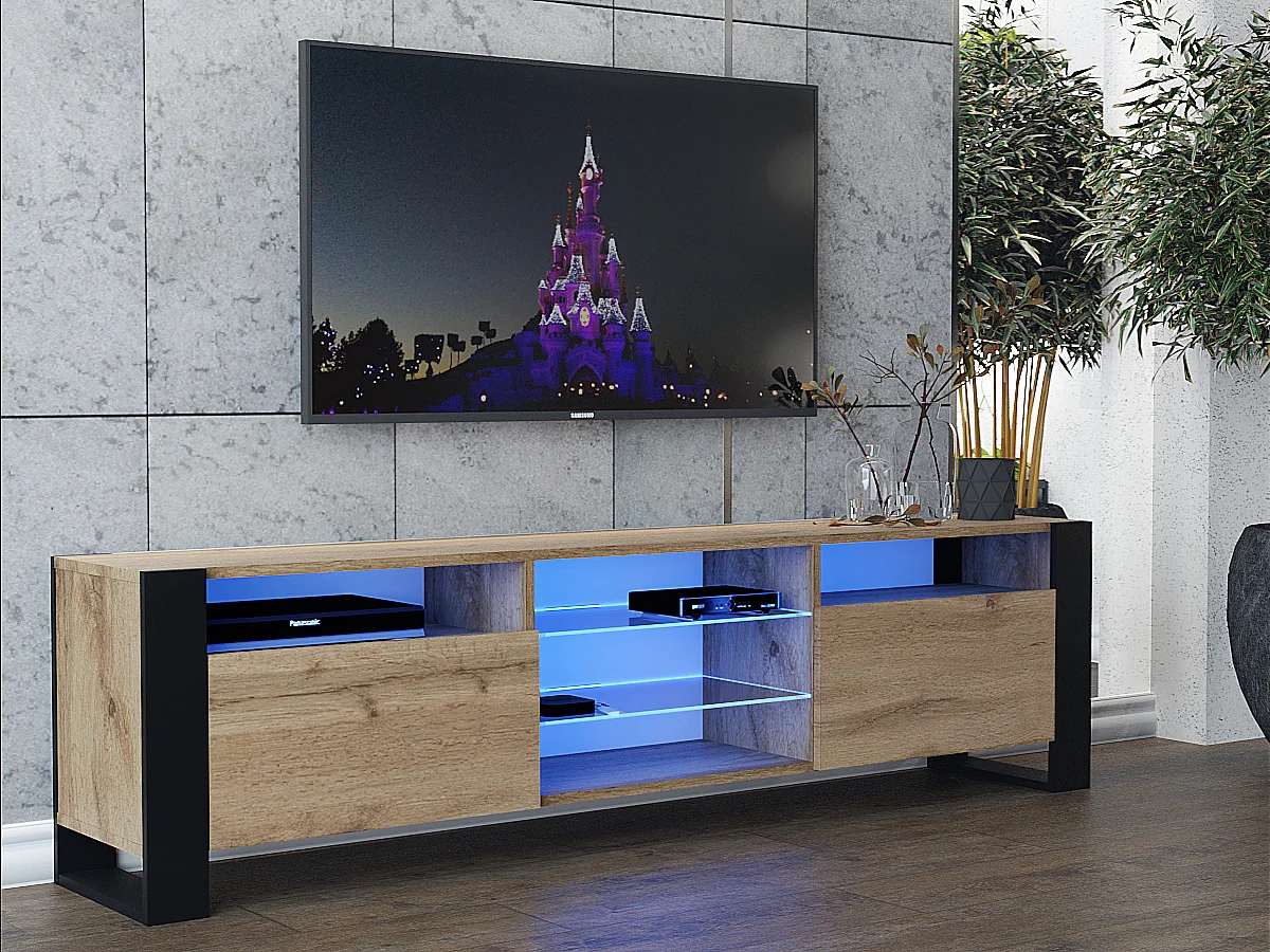 Meuble TV 200cm Lovy led chêne mat et porte chêne - Style industriel