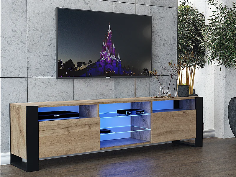 Meuble TV 200cm Lovy led chêne mat et porte chêne - Style industriel