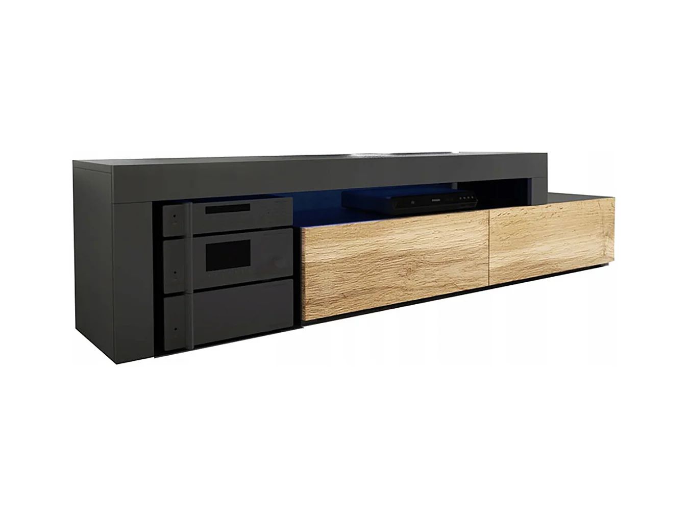 Meuble TV Flex Noir et Bois - LED Inclus - EXTENSIBLE - ANGLE - Industriel