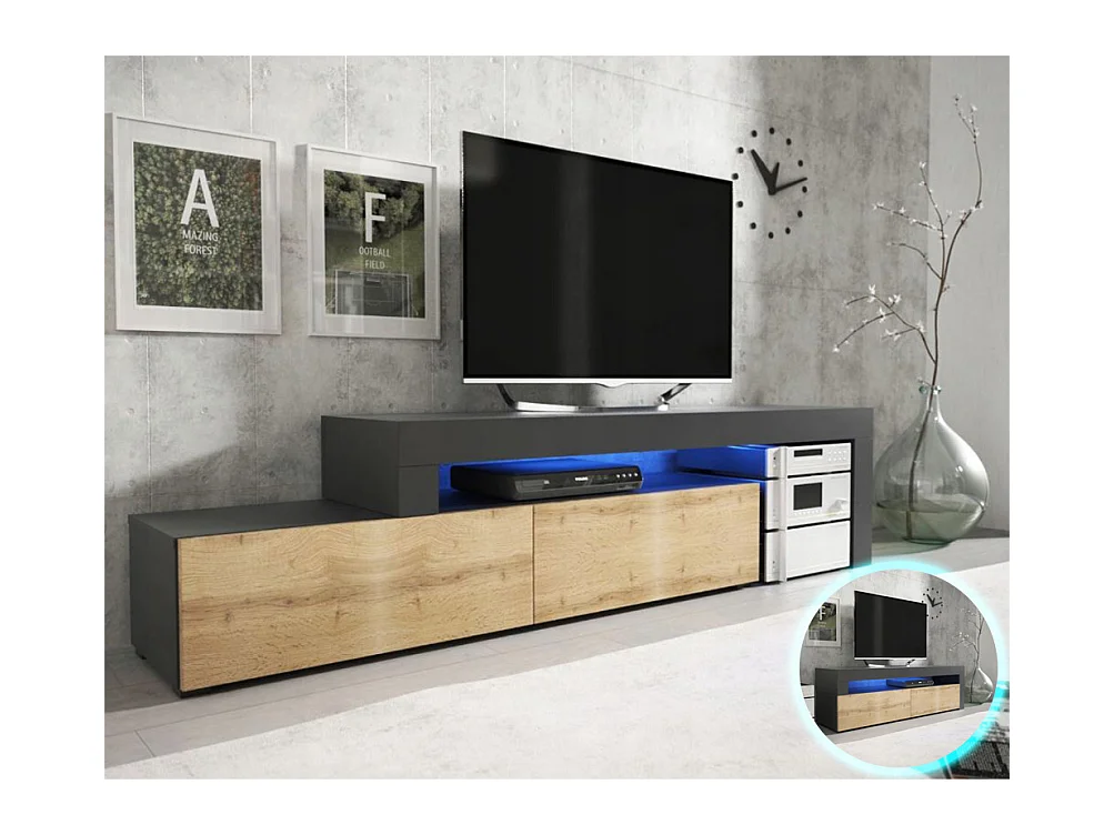 Meuble TV Flex Noir et Bois - LED Inclus - EXTENSIBLE - ANGLE - Industriel