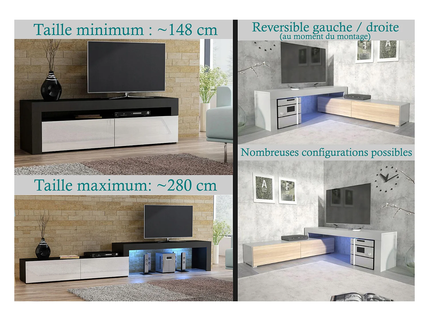 Meuble TV Flex Noir et Bois - LED Inclus - EXTENSIBLE - ANGLE - Industriel