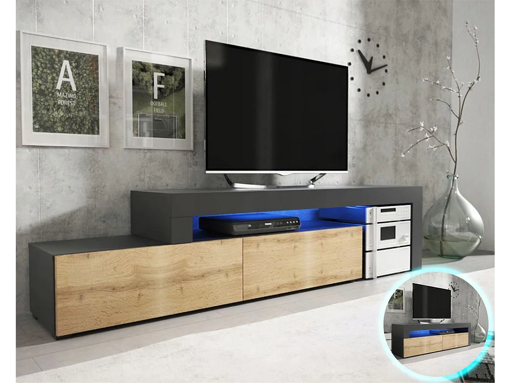 Meuble TV Flex Noir et Bois - LED Inclus - EXTENSIBLE - ANGLE - Industriel