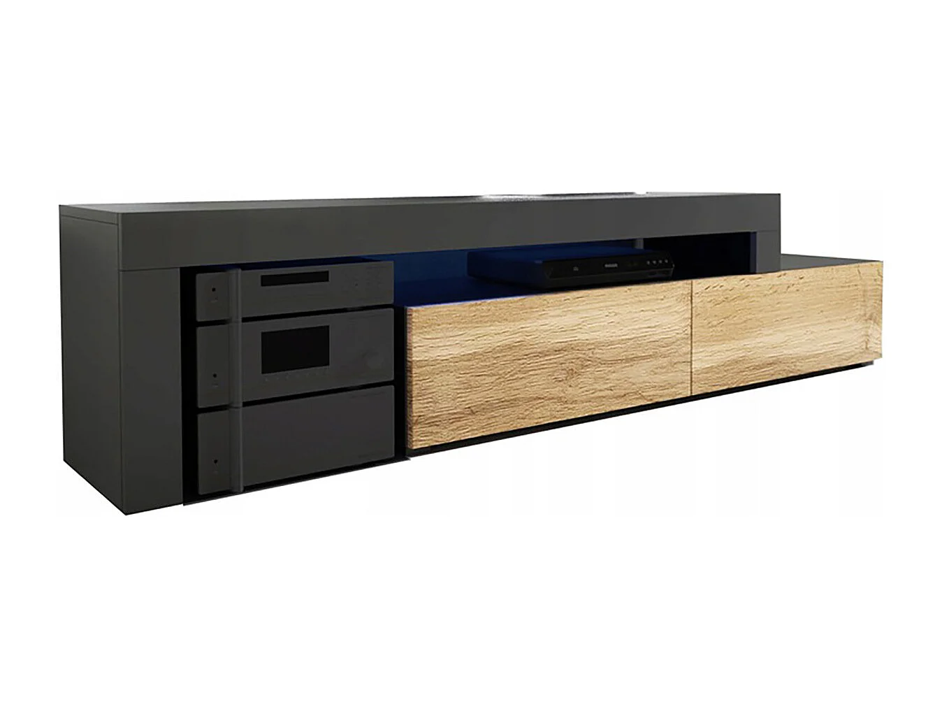 Meuble TV Flex Noir et Bois - LED Inclus - EXTENSIBLE - ANGLE - Industriel