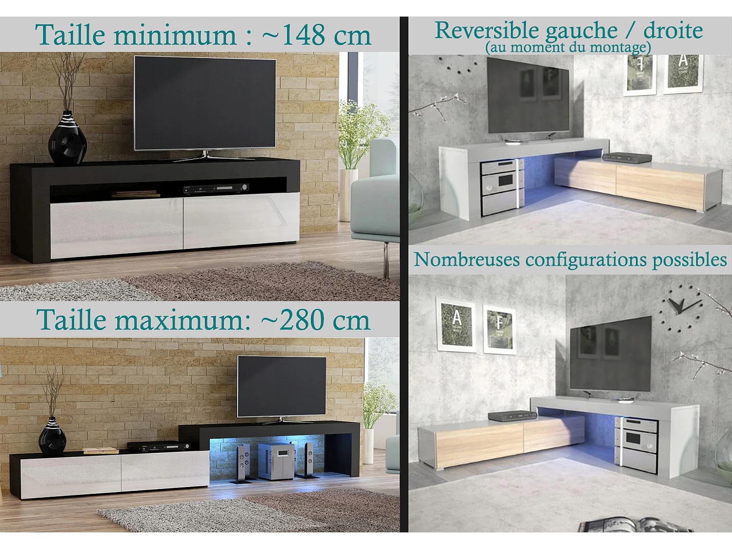 Meuble TV Flex Noir et Bois - LED Inclus - EXTENSIBLE - ANGLE - Industriel