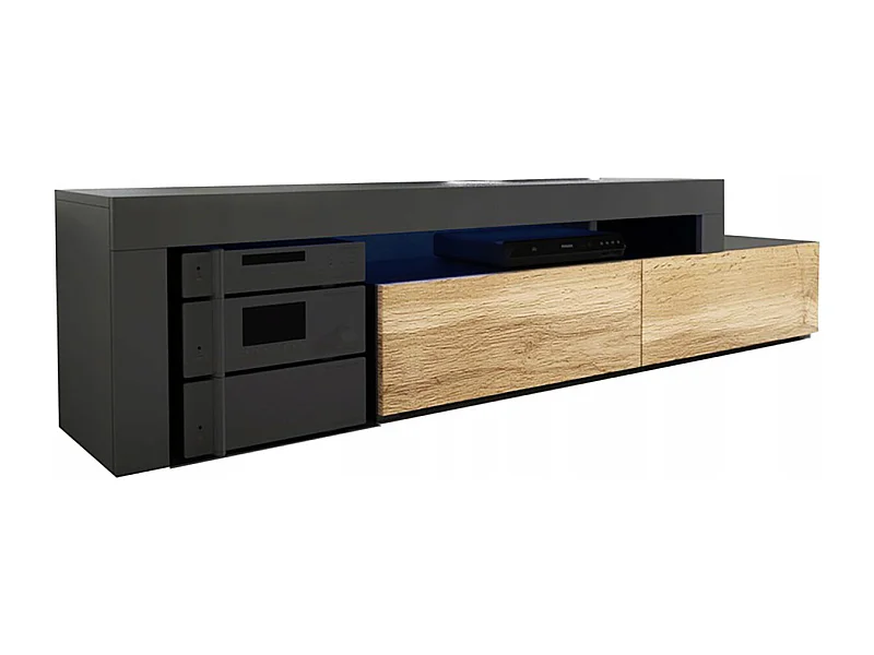 Meuble TV Flex Noir et Bois - LED Inclus - EXTENSIBLE - ANGLE - Industriel