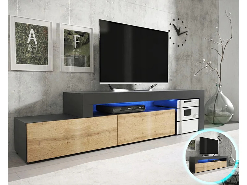 Meuble TV Flex Noir et Bois - LED Inclus - EXTENSIBLE - ANGLE - Industriel