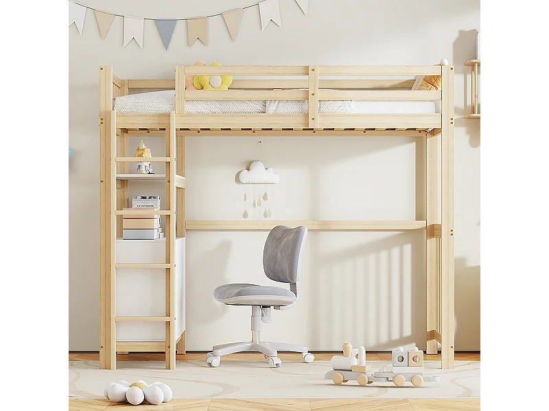 Cadre de lit 90x200 cm Lit enfant Échelle verticale de sécurité Tiroirs et étagères Design clôture haute Marron